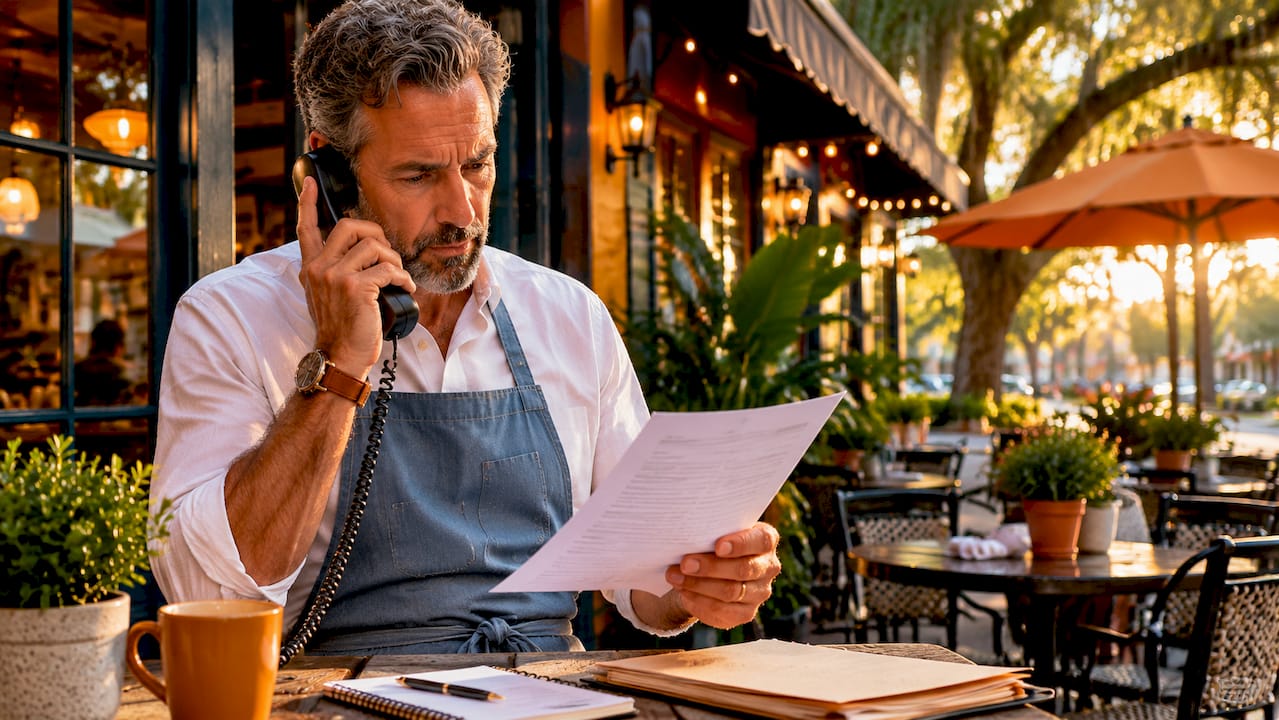 Restaurant owner managing product liability claim on phone
