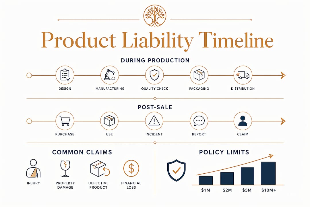 Infographic outlining key stages and examples of product liability coverage