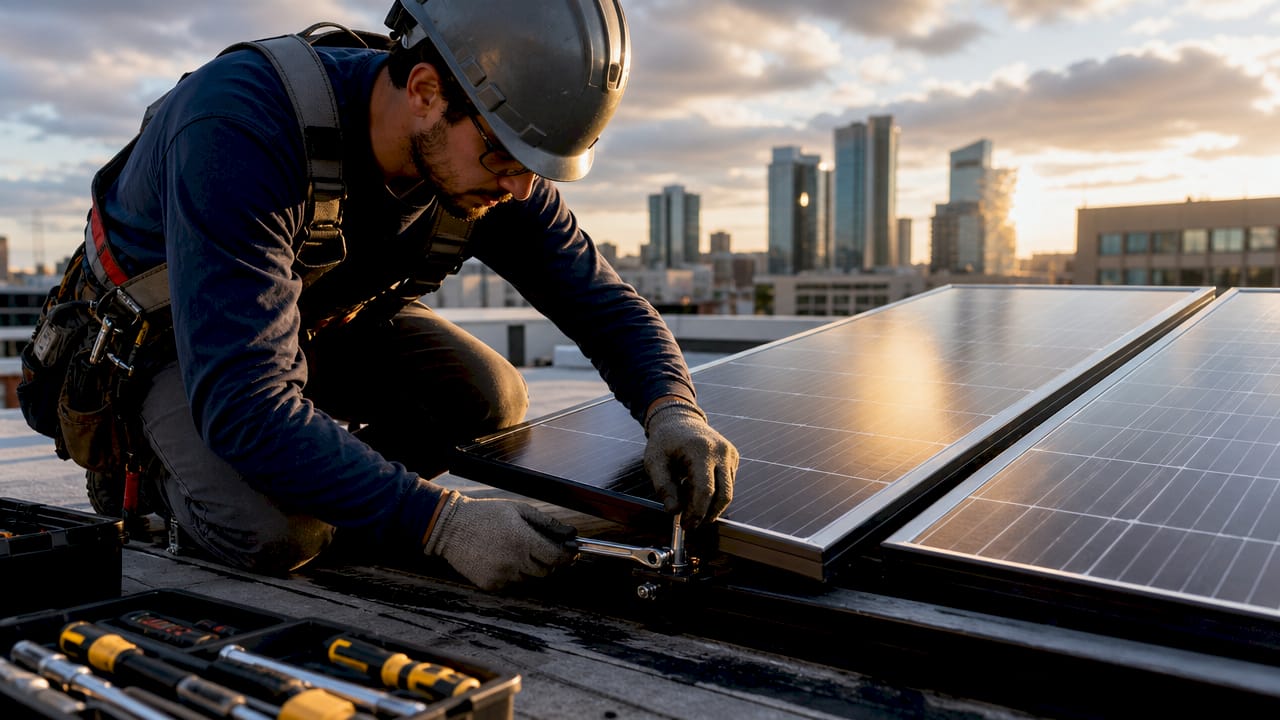 Roofer installing solar panel on asphalt shingle roof
