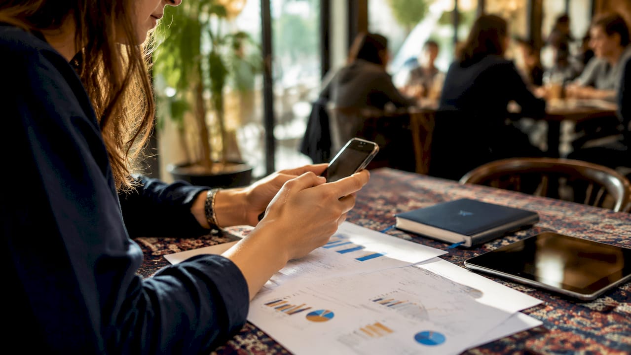 Hands scrolling smartphone in marketing setup
