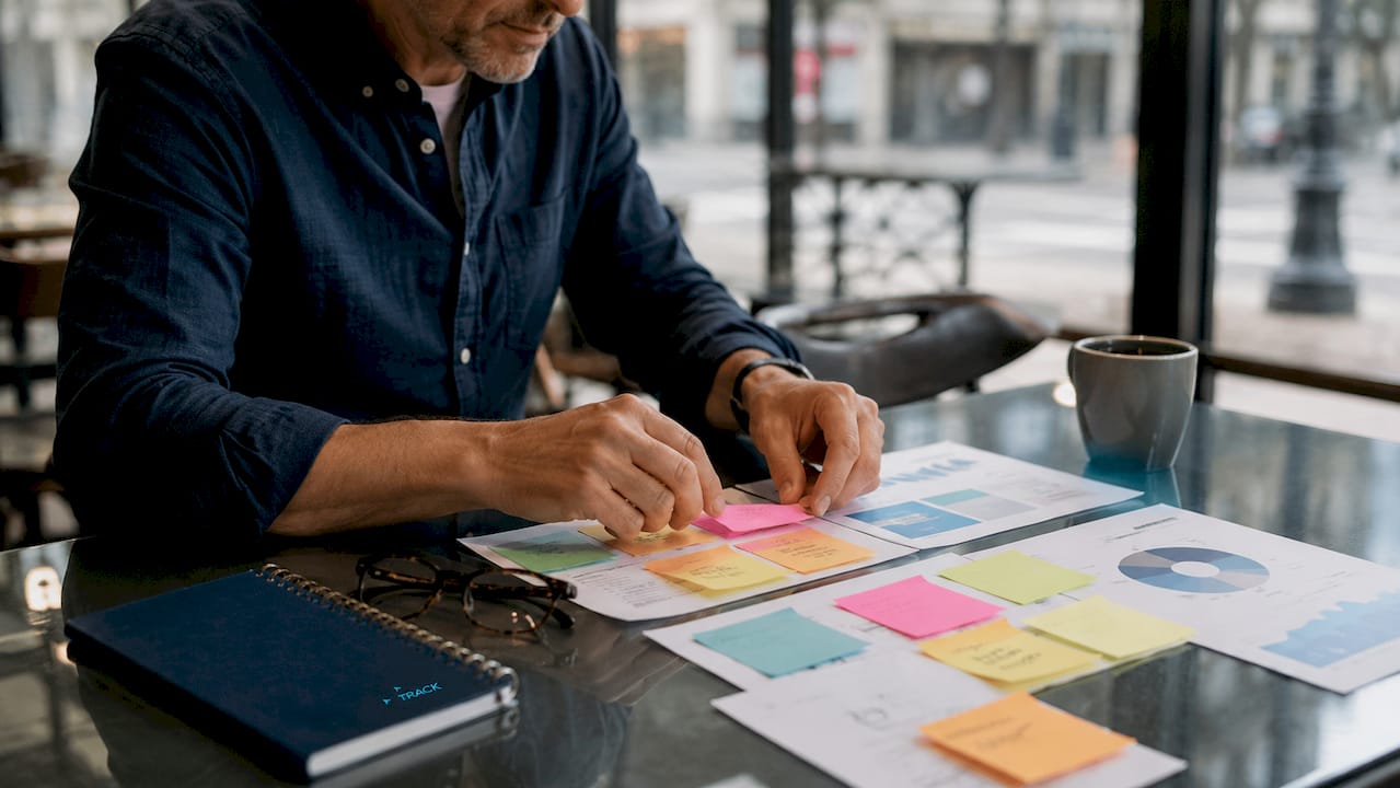 Overhead view of strategist planning manual Meta ad campaign