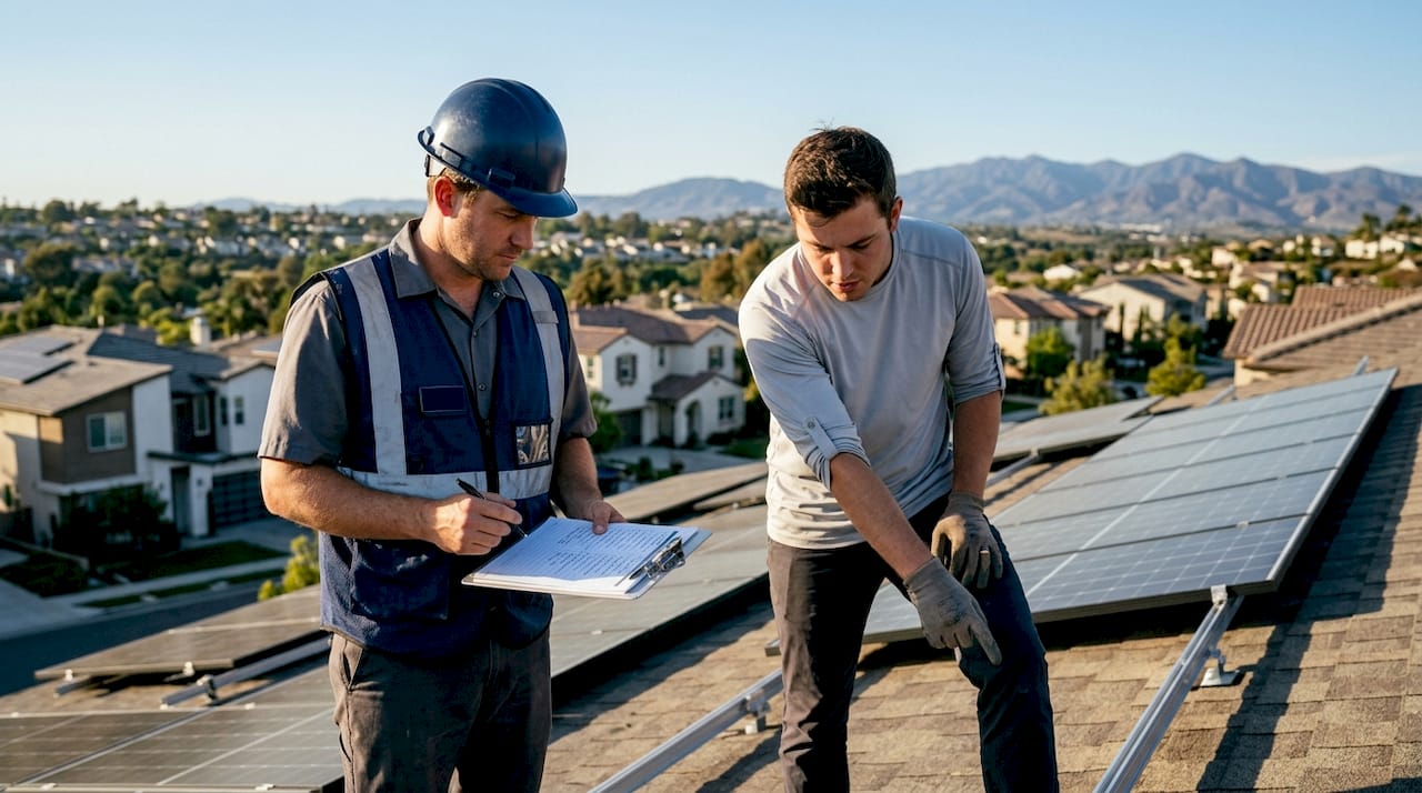 Inspectors checking rooftop solar installation