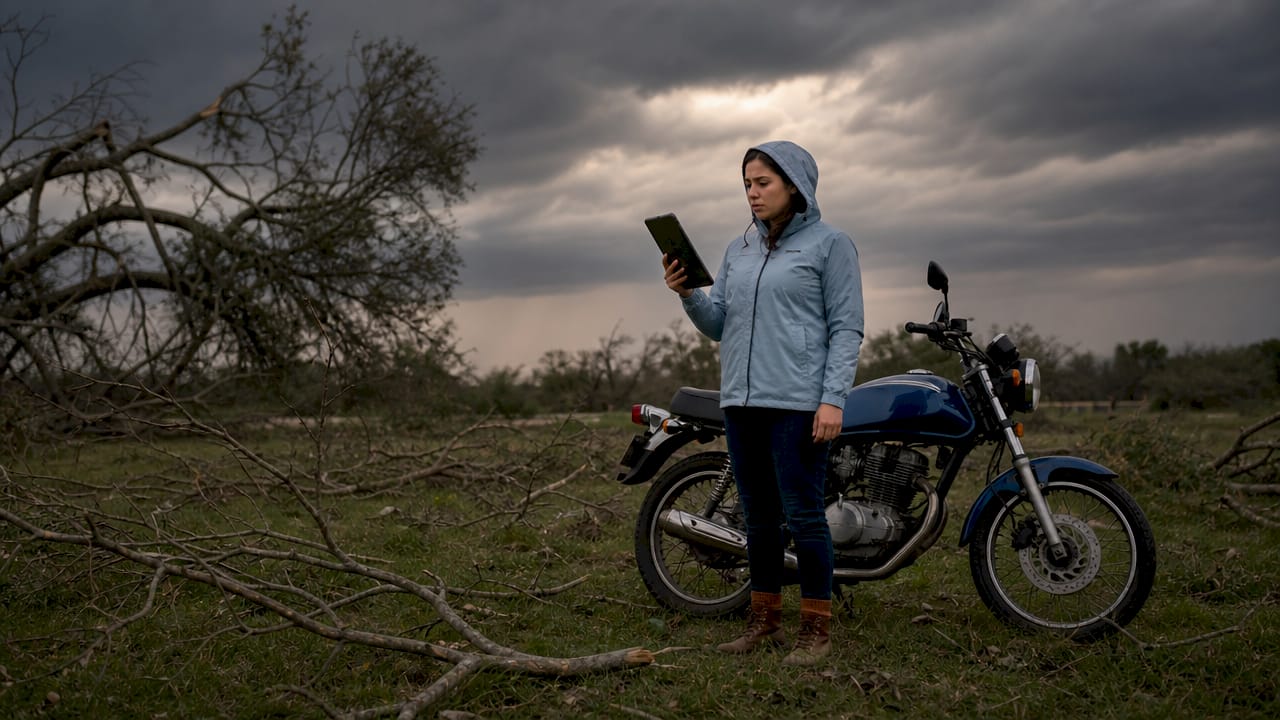 Woman inspecting storm damage on motorcycle