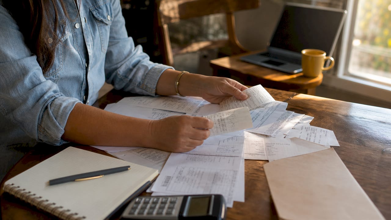 Hands sorting RV towing and rental receipts