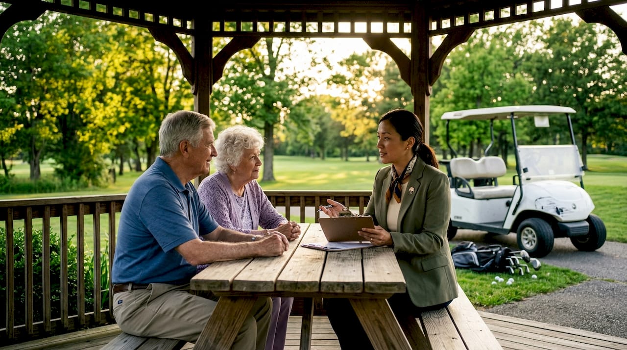 Insurance agent inspecting golf cart accident