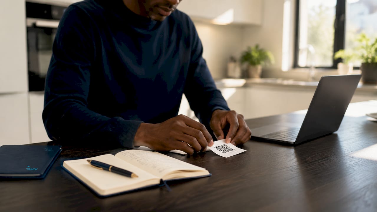 Hands placing retargeting pixel code printout on desk