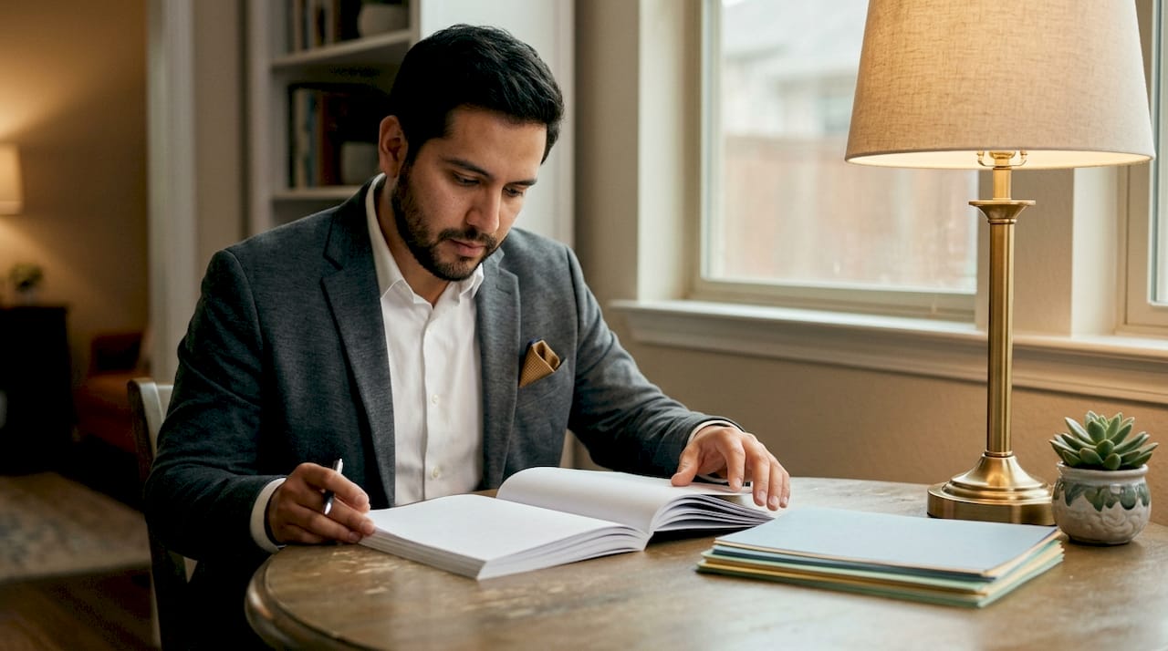 Insurance agent reviewing policy booklet close-up