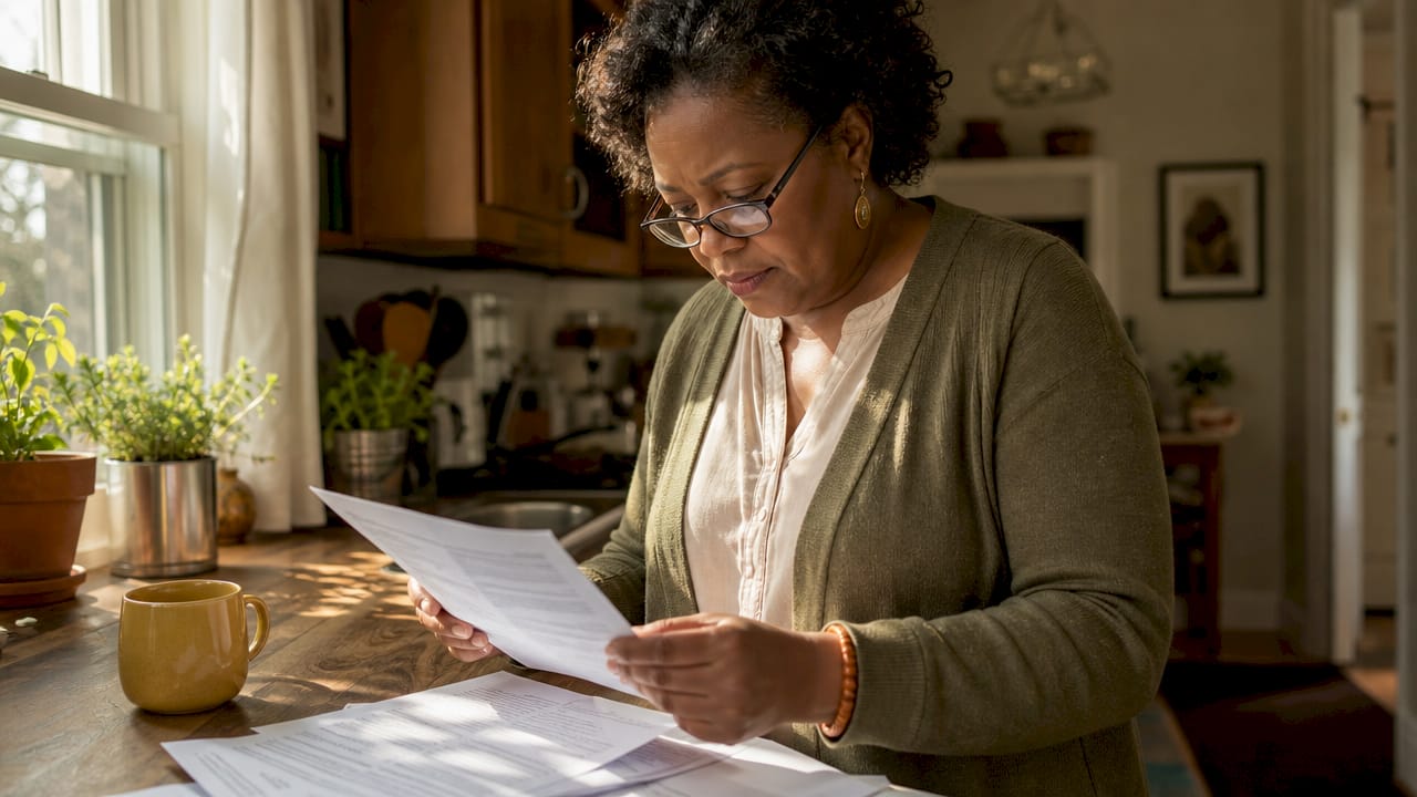 Woman reviewing liability insurance papers at home