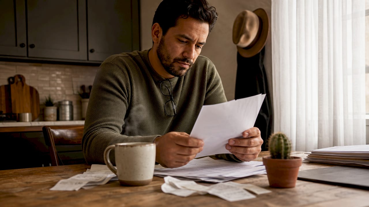 Man reviewing documents on used car law at home