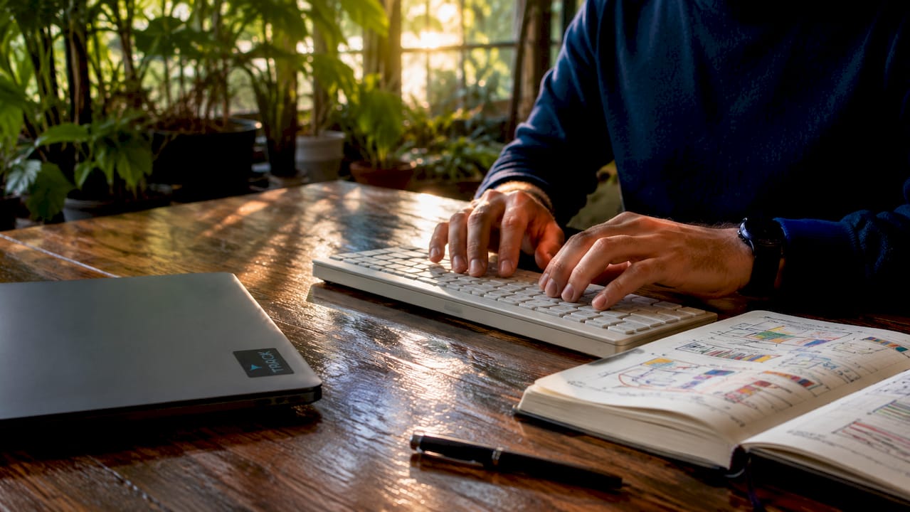 Man typing on keyboard analyzing data collection