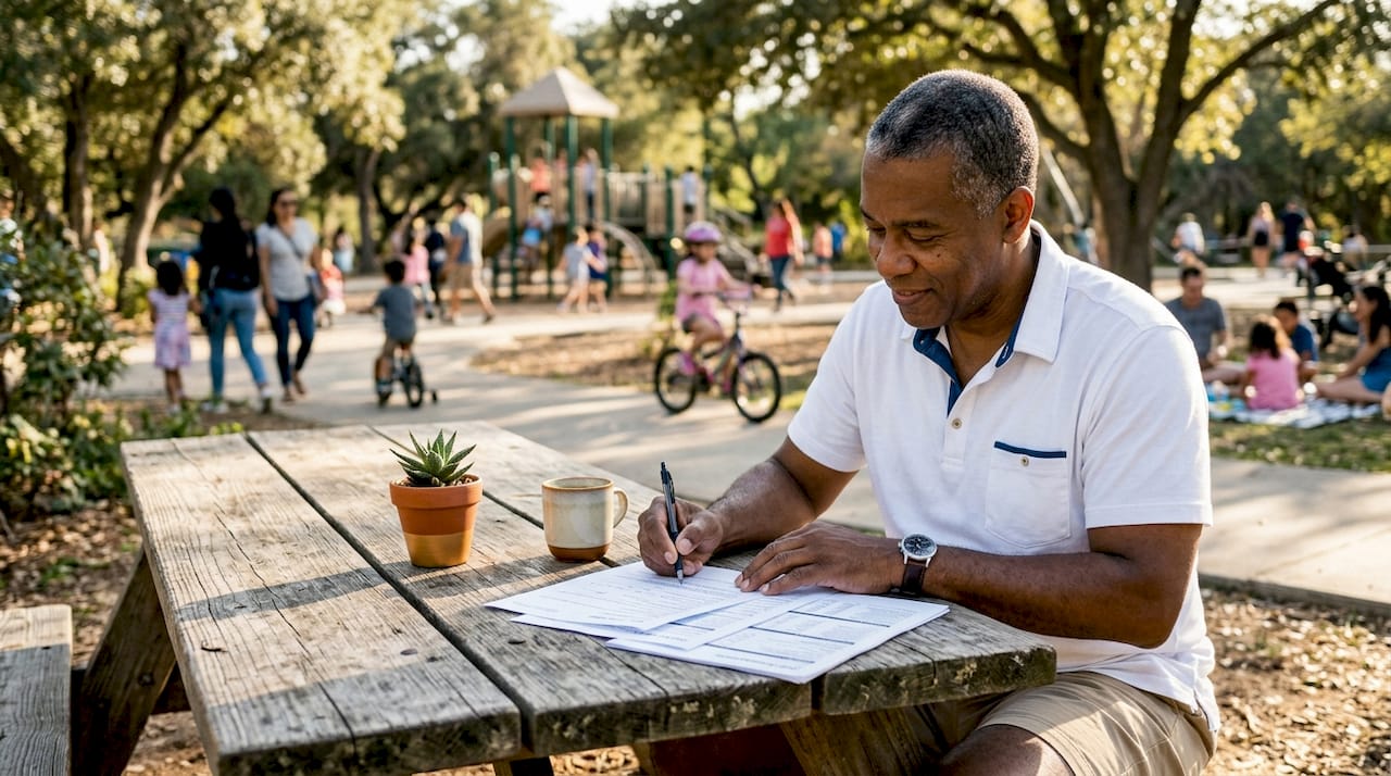 Man reviewing golf cart insurance documents outdoors