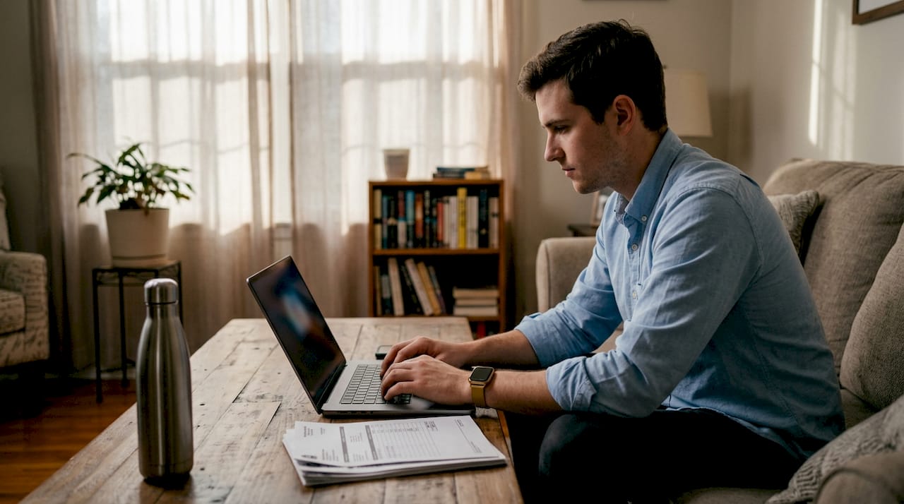 Man entering repair attempts on laptop in office