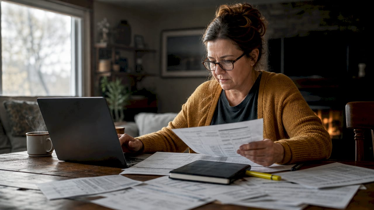 Woman reviewing repair evidence documents at home table