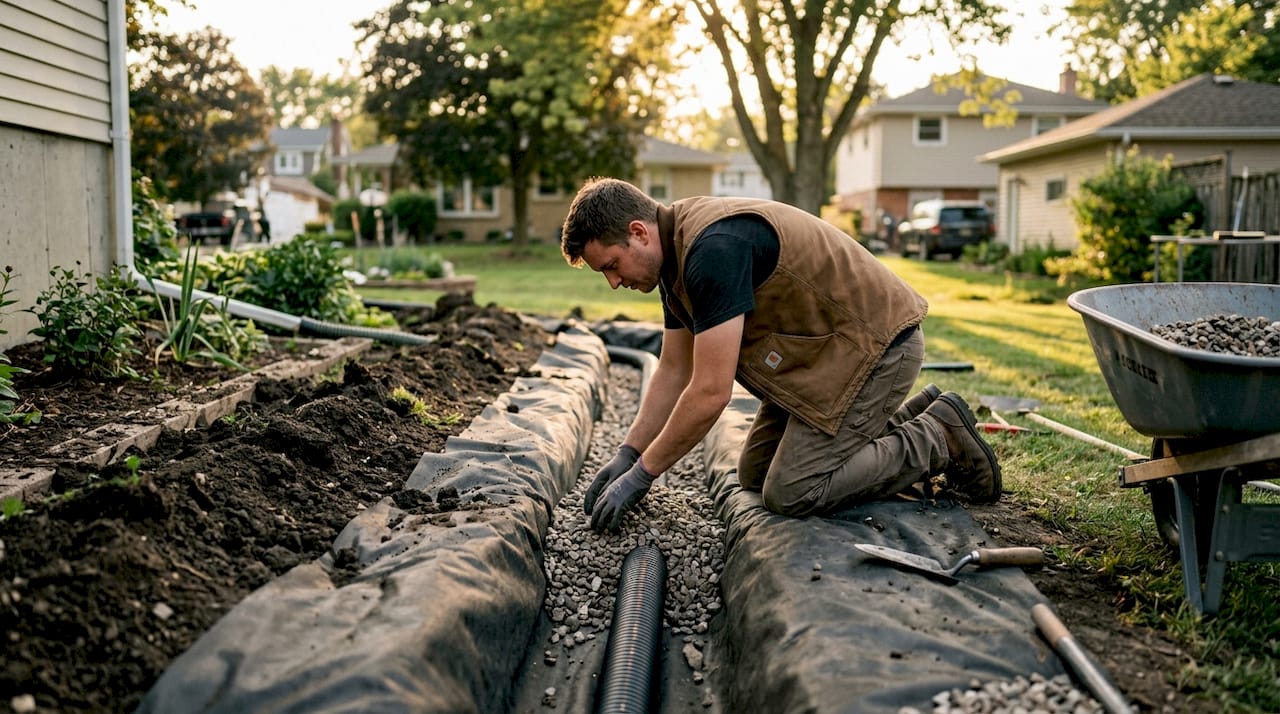 Close-up of French drain trench installation