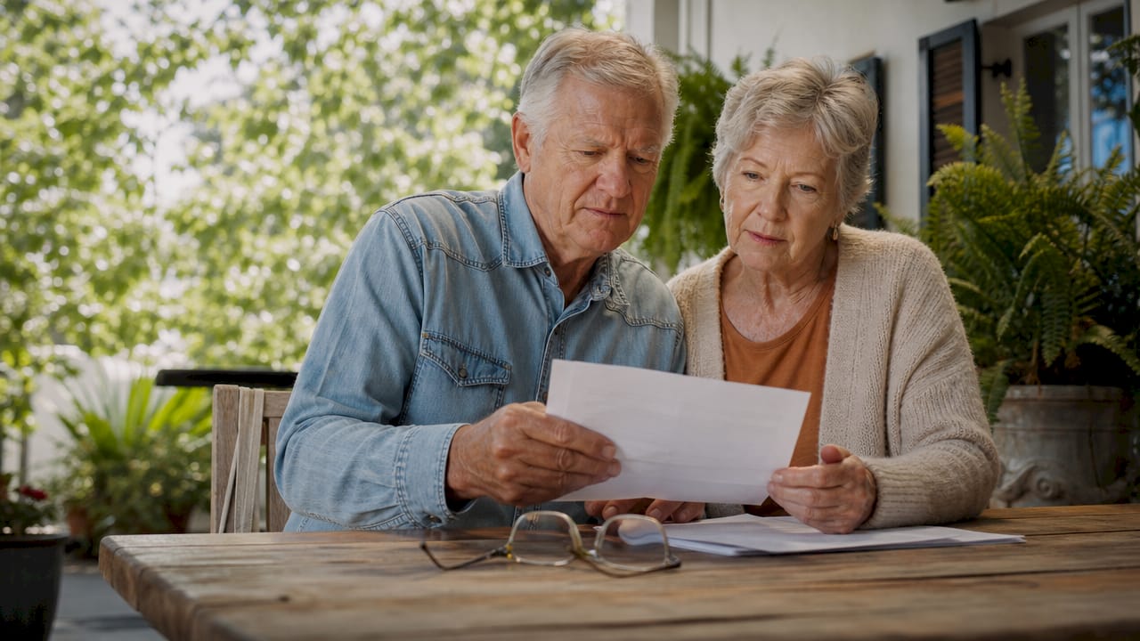 Elderly couple reviewing insurance premium documents