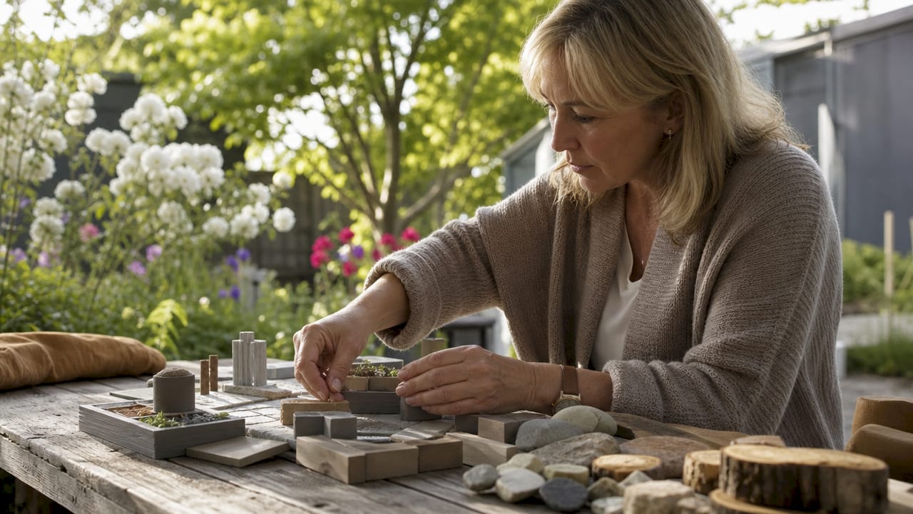 Hands handling 3D backyard models and material samples on table