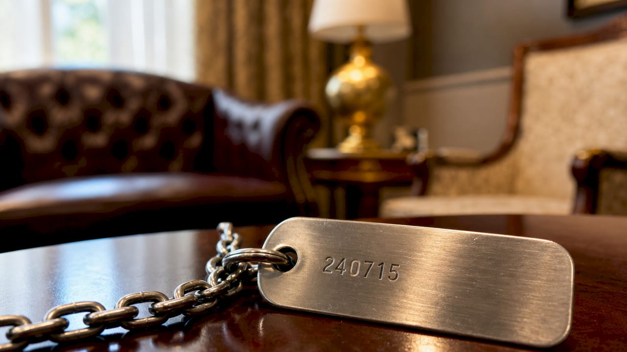 Close-up of stainless steel cremation ID tag