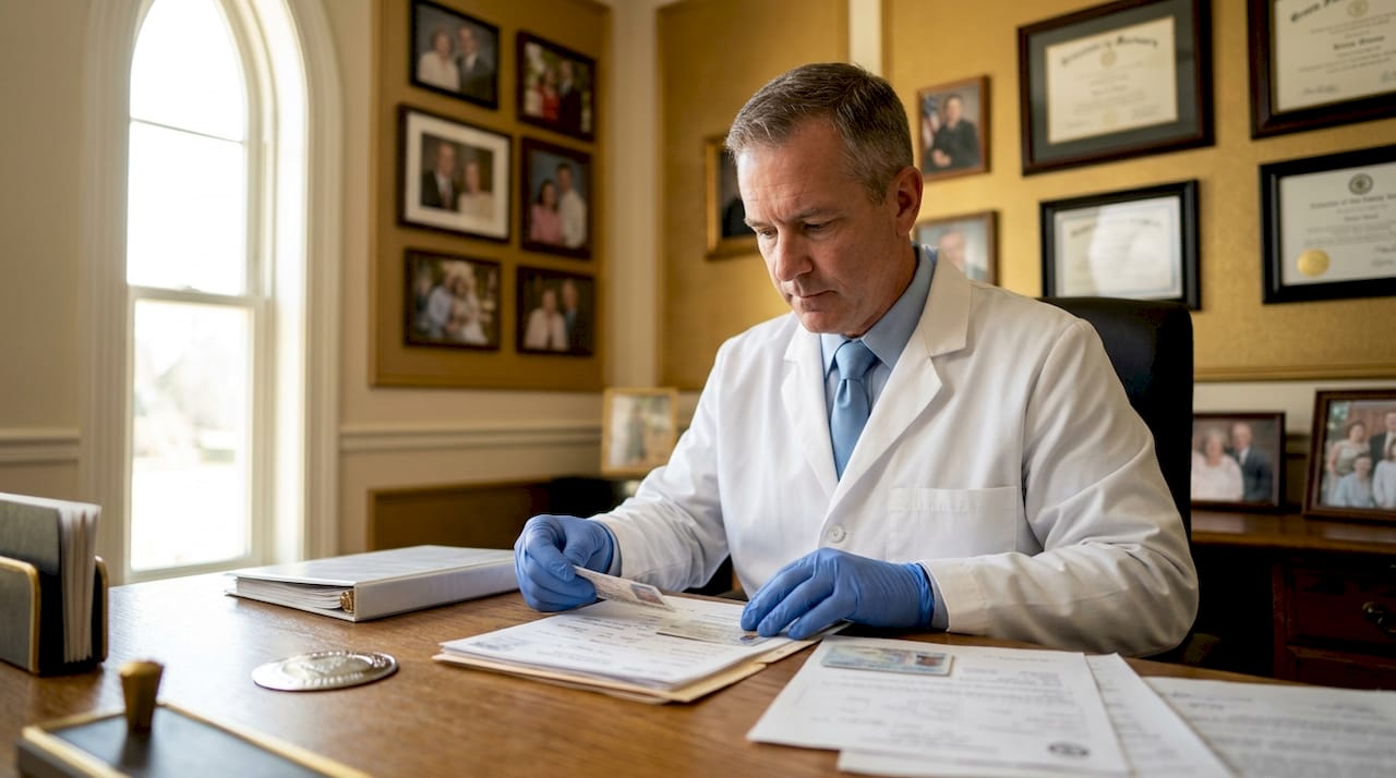 Mortuary technician reviewing cremation identification documents