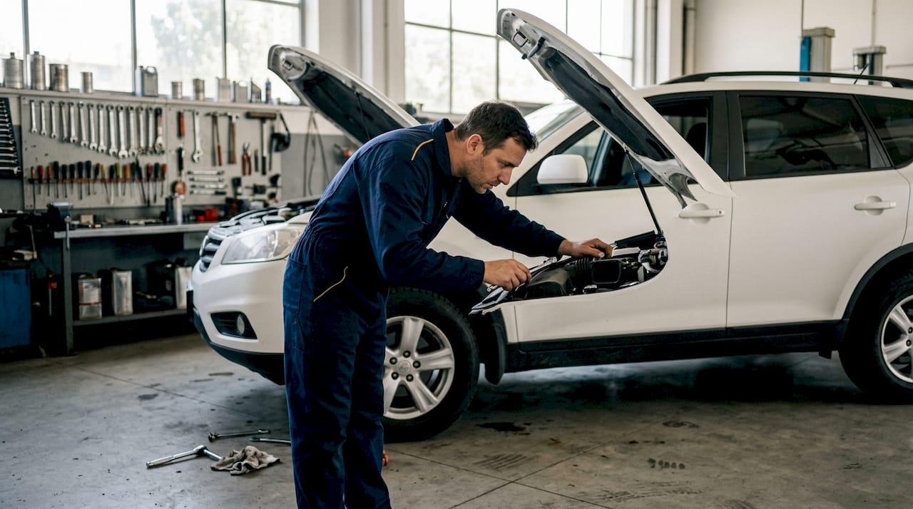 SUV undergoing repair in bright automotive shop