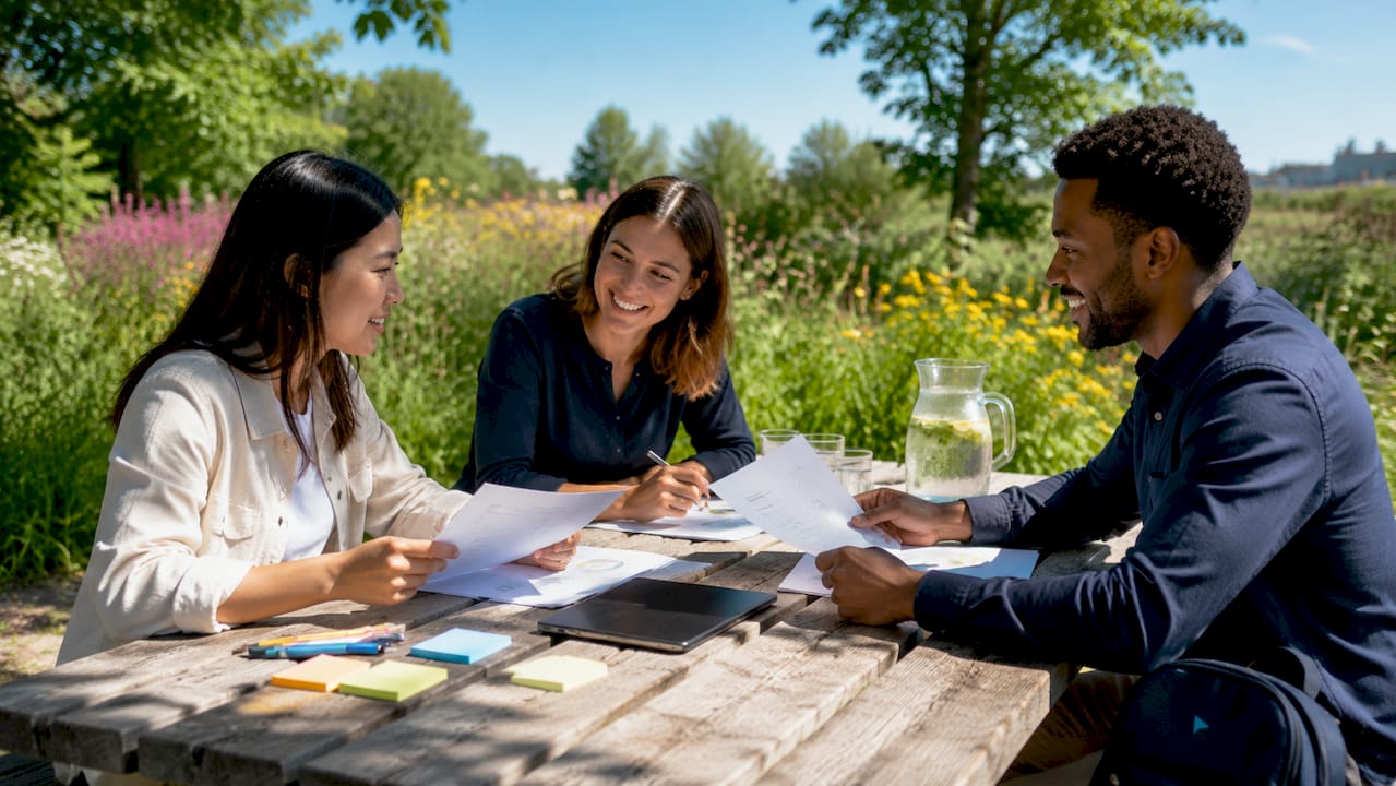 Team setting outdoor marketing goals together