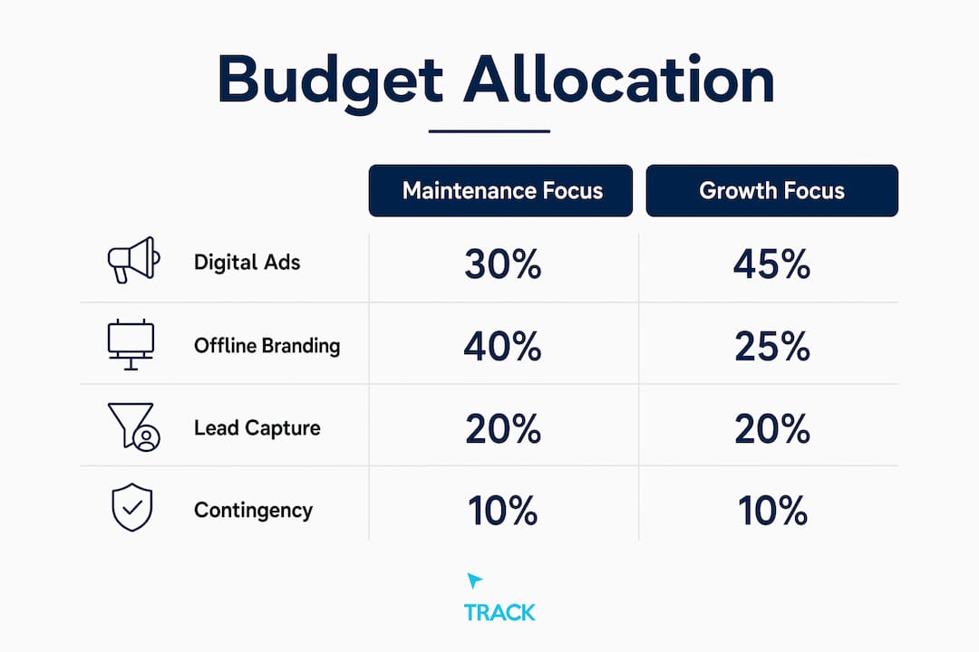 Infographic comparing marketing budget allocation for maintenance vs growth