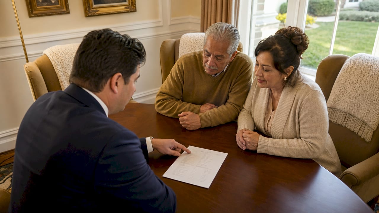Funeral director showing price list to elderly couple in office