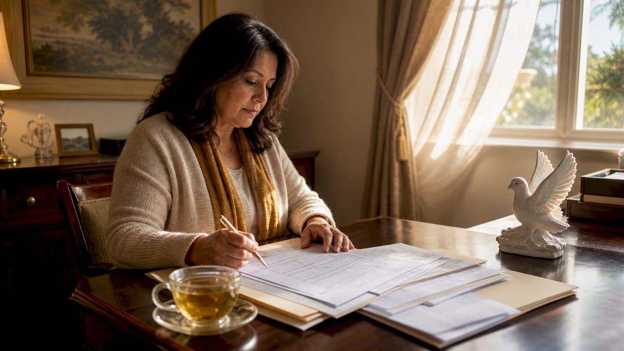 Woman reviewing funeral pricing documents at home