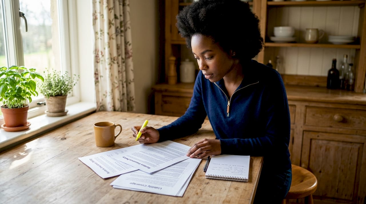 Woman reviewing renters insurance documents indoors