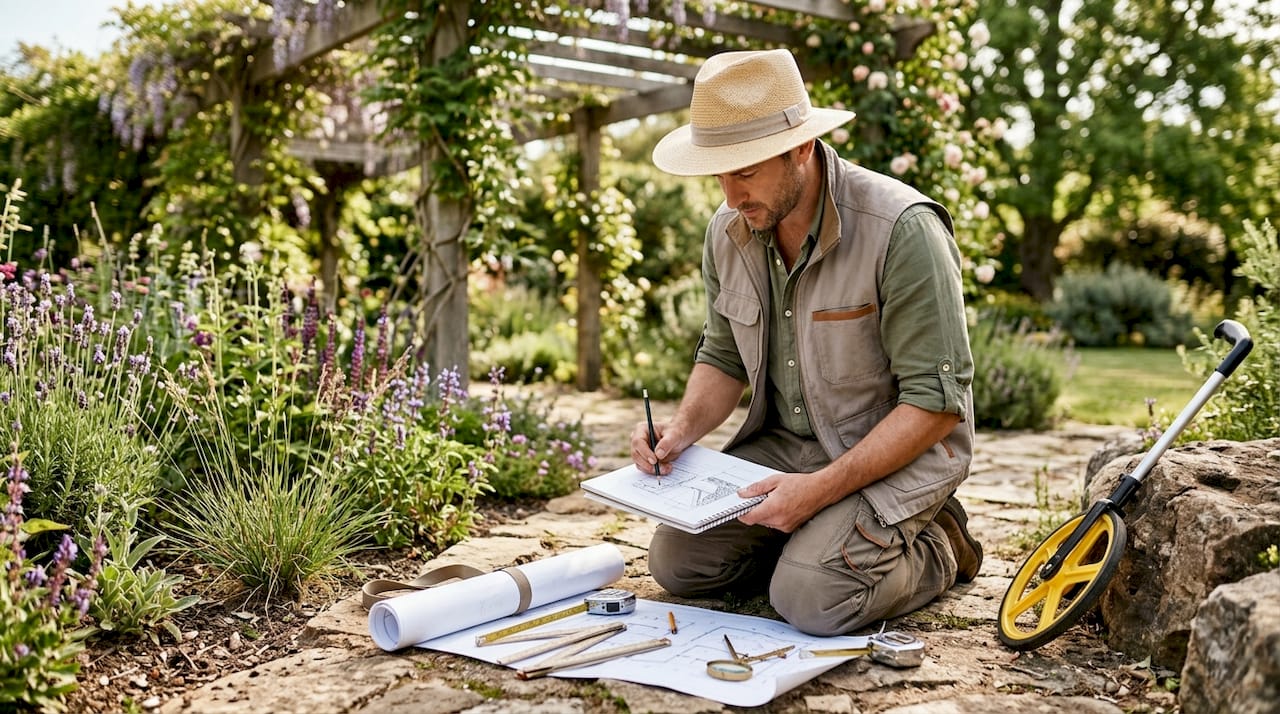 Landscape architect conducting backyard site analysis