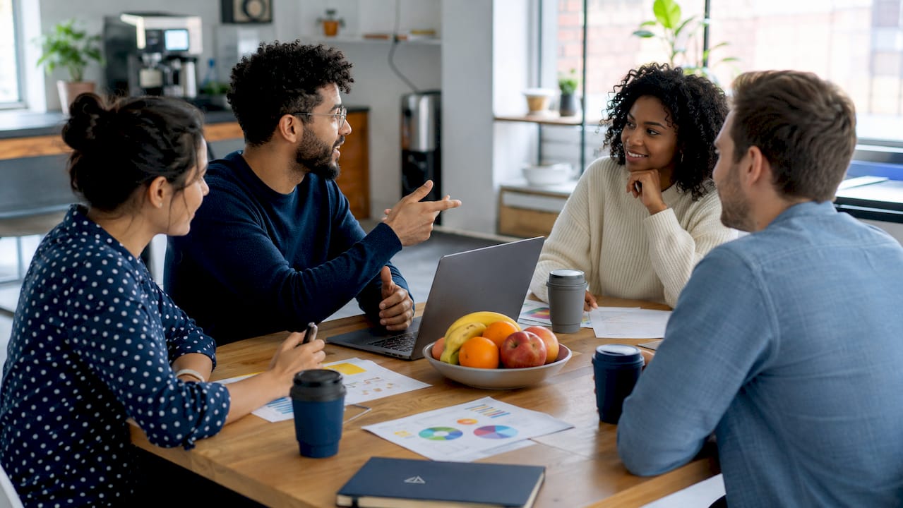 Team discussing AI marketing services at meeting table