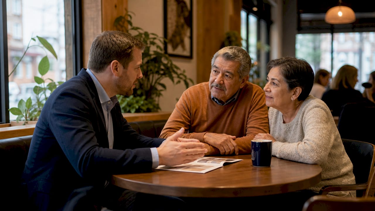 Insurance agent advising elderly couple in office