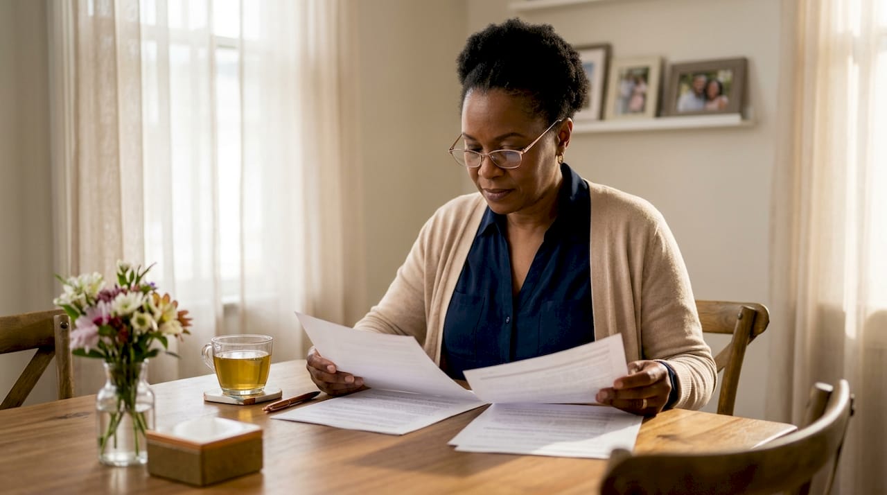 Woman reviewing Louisiana insurance papers at home