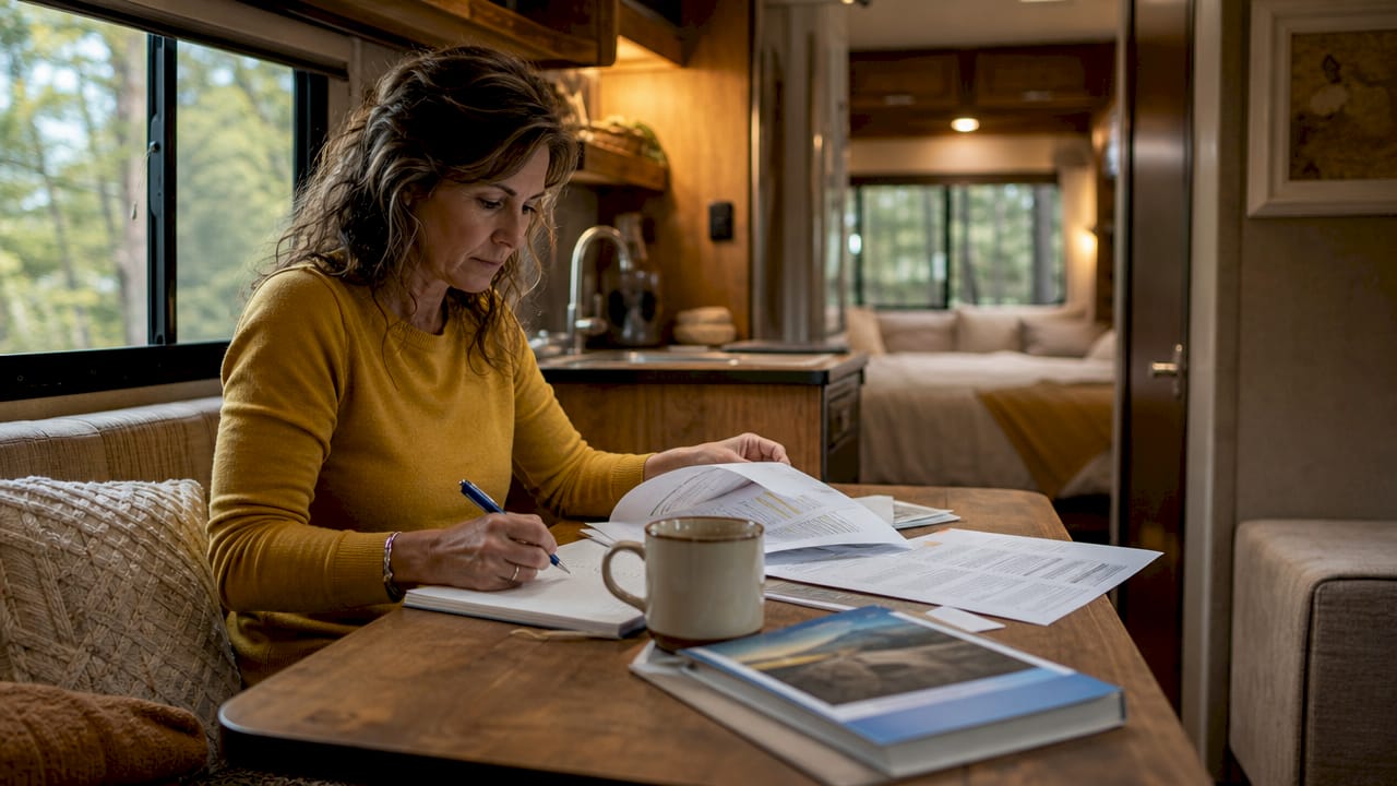 RV owner reviewing lemon law paperwork inside motorhome