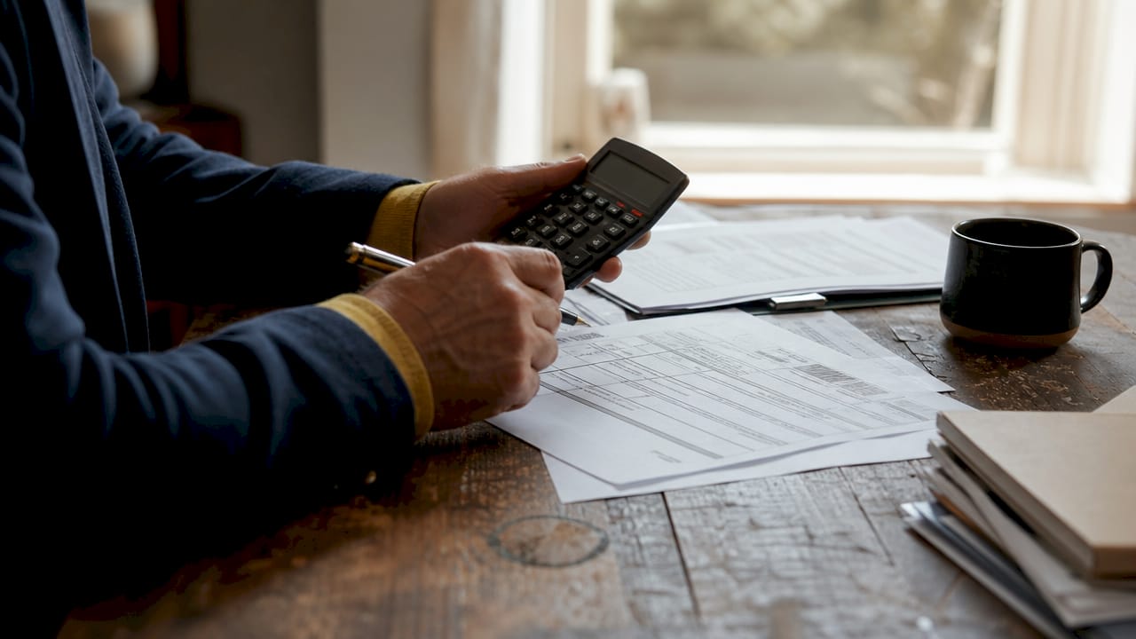 Hands calculating mileage offset with documents and calculator