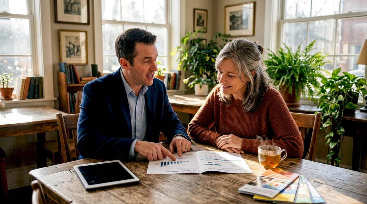 Homeowner consulting solar expert on energy usage