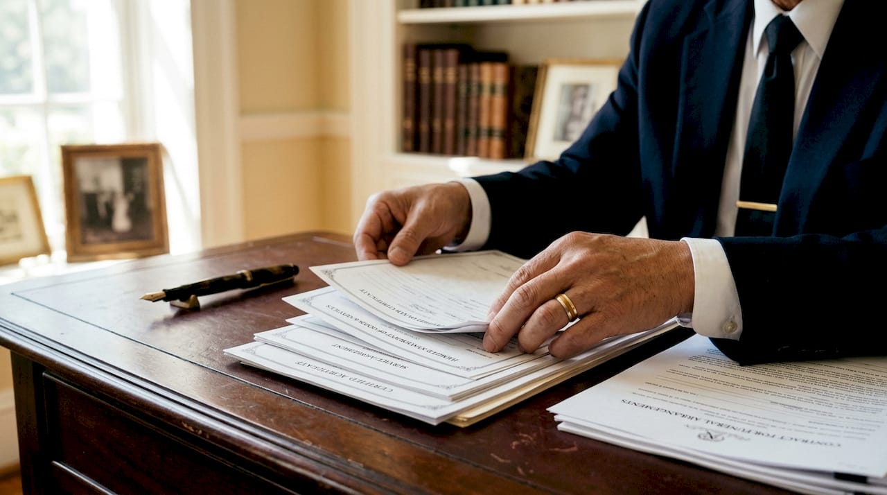 Hands sorting funeral coordination documents overhead