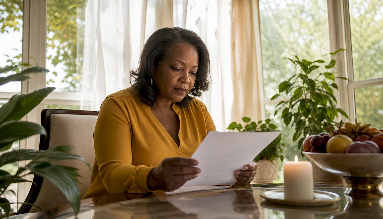 Woman reviewing funeral home contract at table