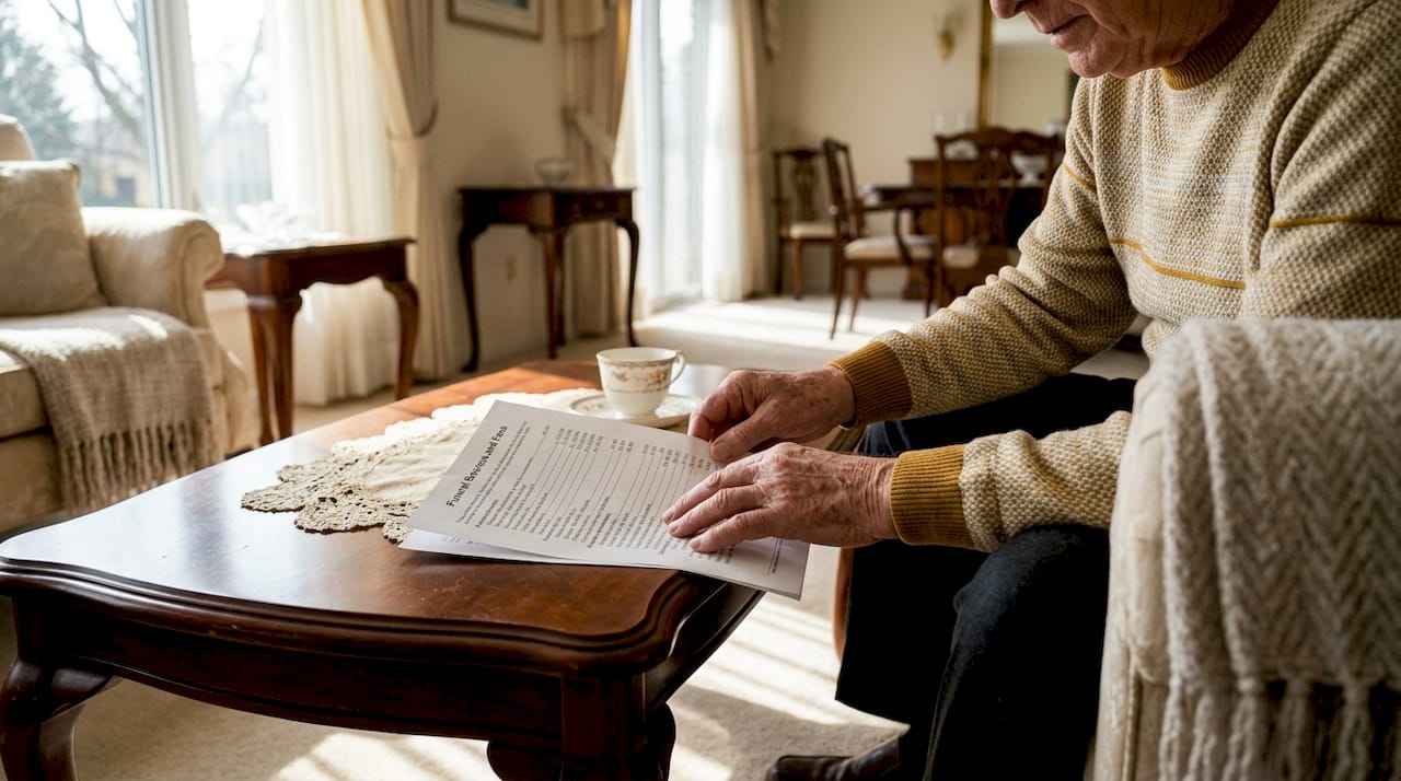 Hands pointing to itemized funeral contract fees