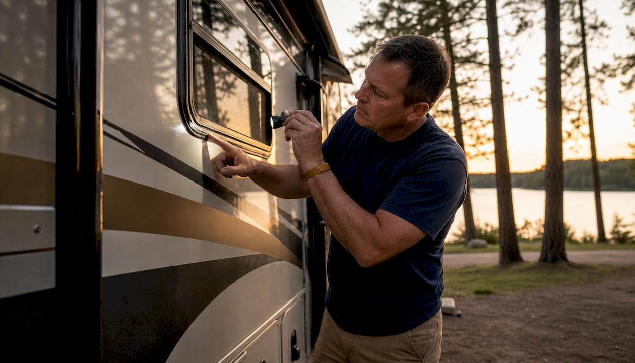 Man inspecting RV living area window defect
