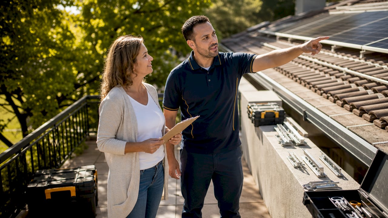 Homeowner and contractor discussing rooftop solar installation