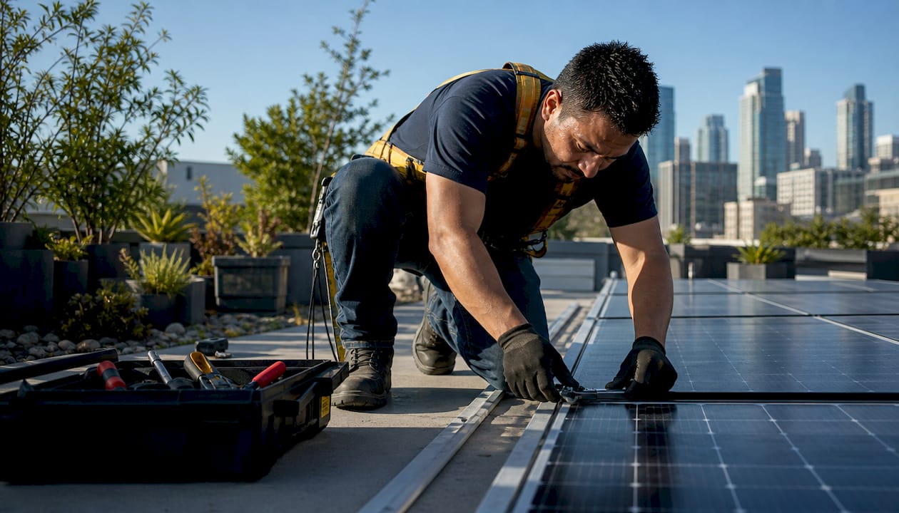 Solar technician installing panels on house roof