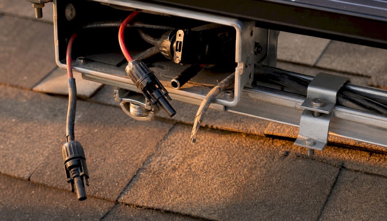 Close-up of defective solar wiring connections