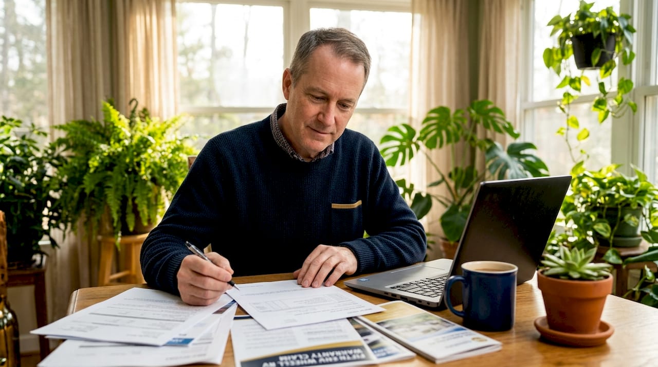 Man reviewing fifth wheel lemon law papers at kitchen table
