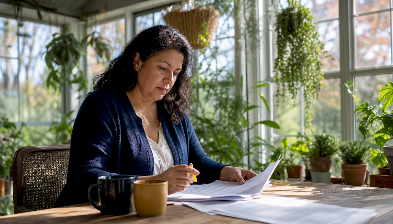 Woman reviewing lemon law documents at desk