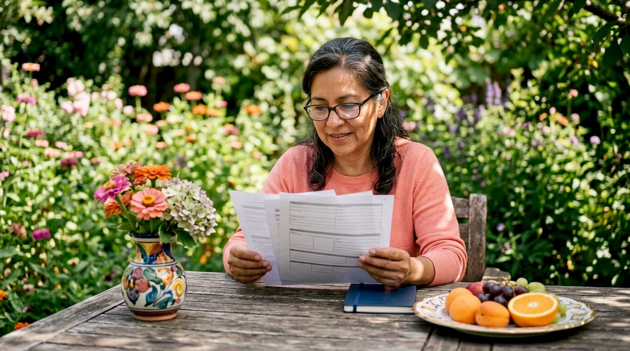 Woman reviewing lemon law documents at kitchen table