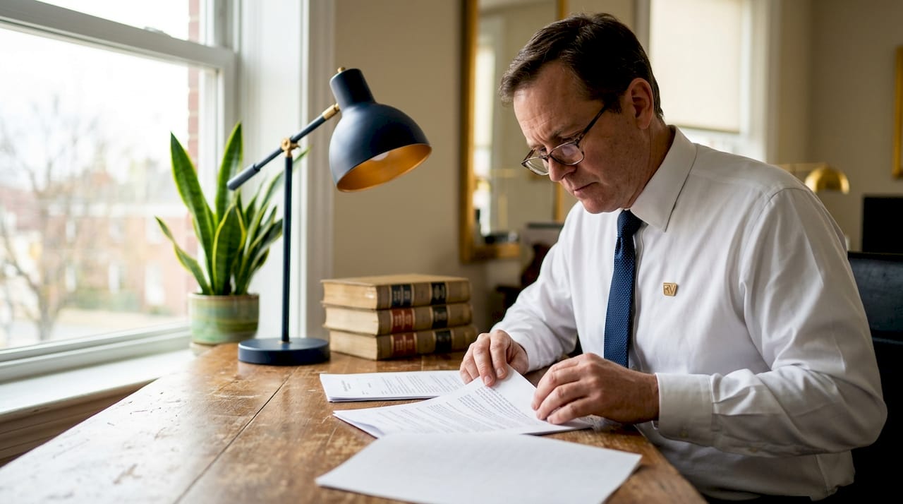 Attorney examining printed legal papers