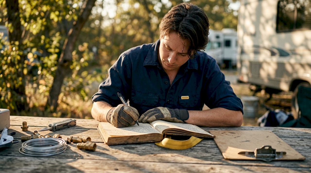 Hands writing in RV repair logbook in workshop