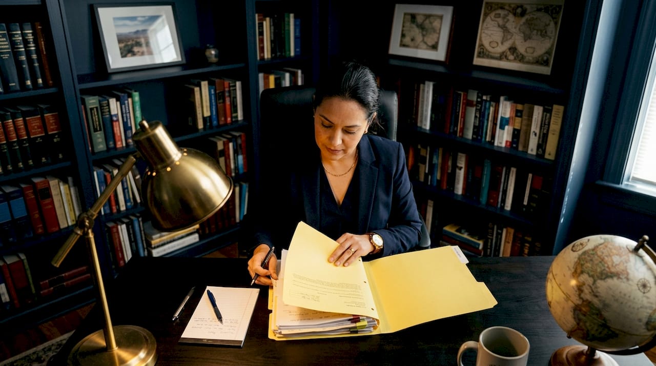 Attorney reviewing lemon law case file in office