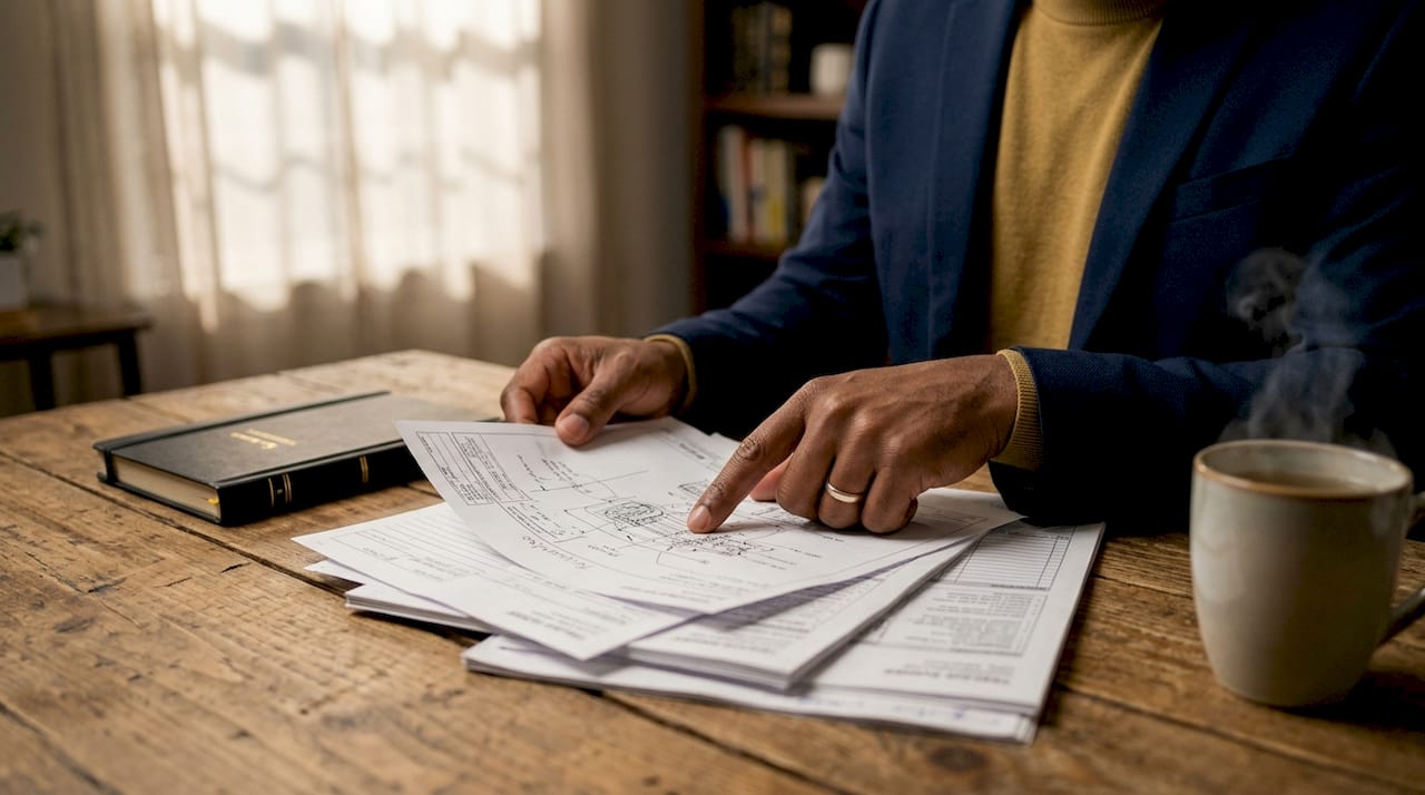 Close-up of attorney hands reviewing repair documents