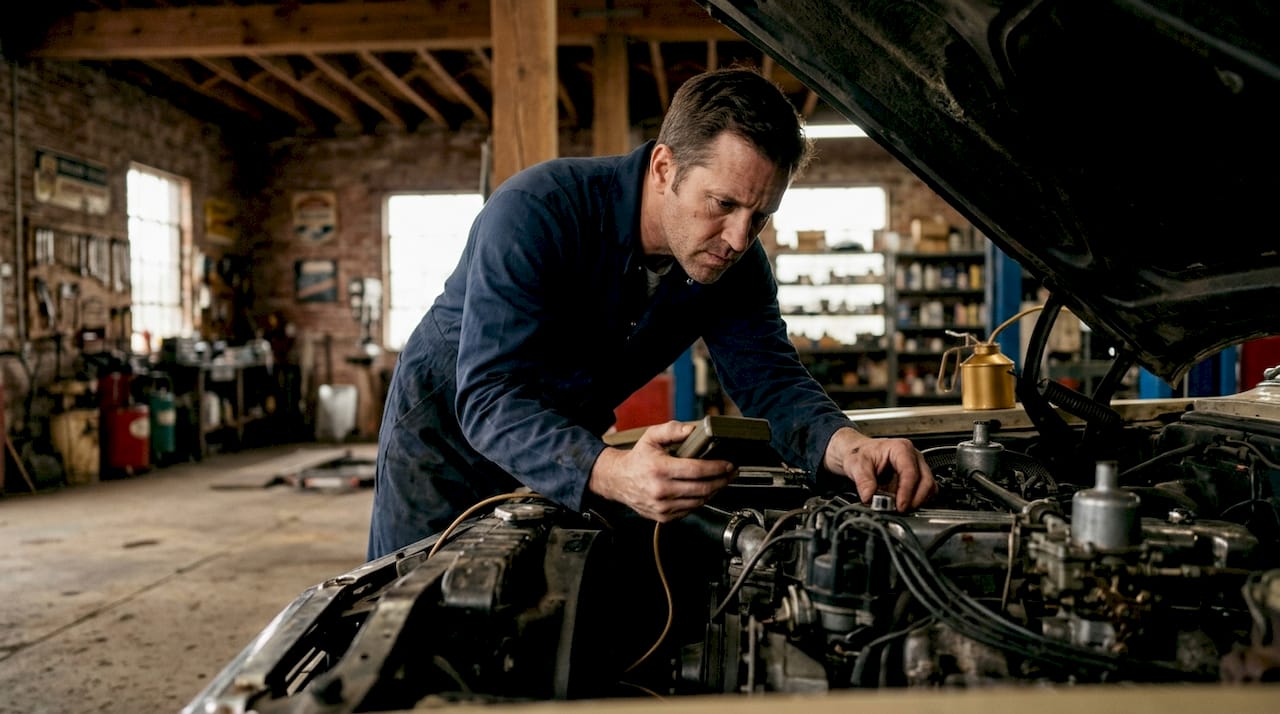 Mechanic inspecting engine at authorized repair shop